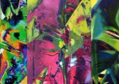 Banana fantasy painting by Enriquillo Amiama. Triptych. Acrilyc on canvas. 30"x 60"